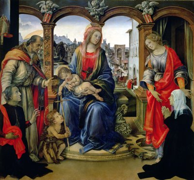 Nerli Altaarstuk: Madonna en Kind met de jonge St. Johannes de Doper, St. Martin, St. Catherine en de schenkers Tanai en Nanna dei Nerli, 1494 door Filippino Lippi